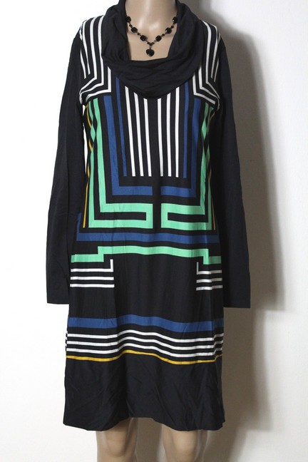 Comma Kleid Gr 38 Schwarz Bunt Knielang Streifen Muster Kleid Mit Rollkragen Ebay
